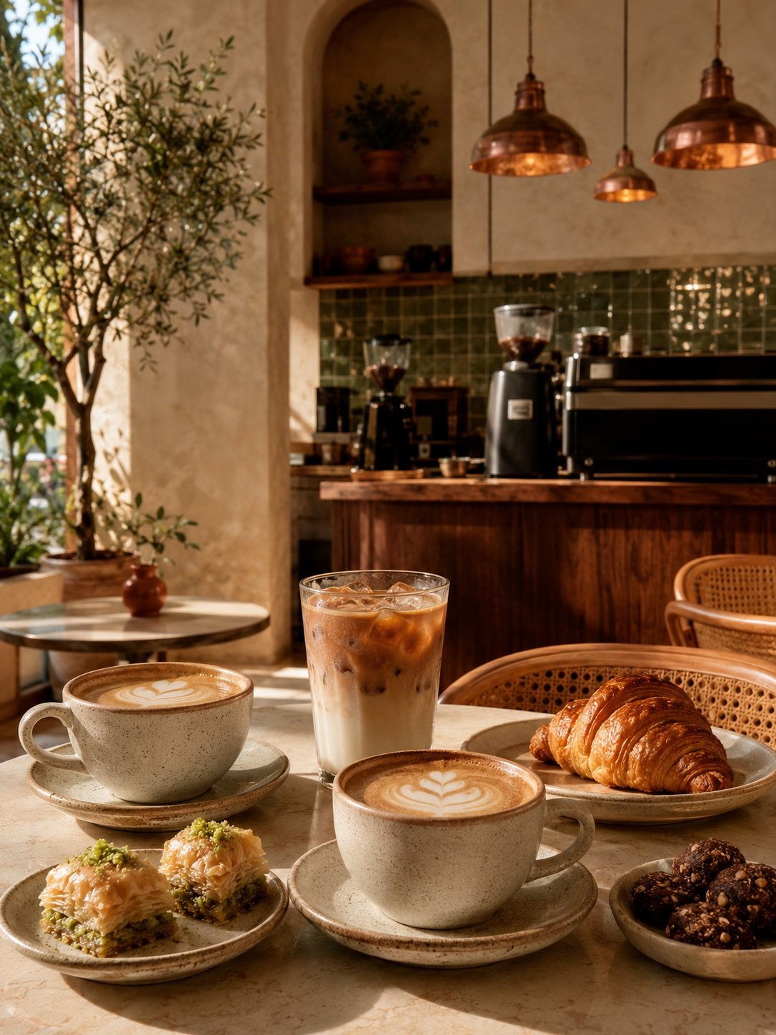 Coffee, lattes, croissants, and baklava in a warm Yaffa Café setting