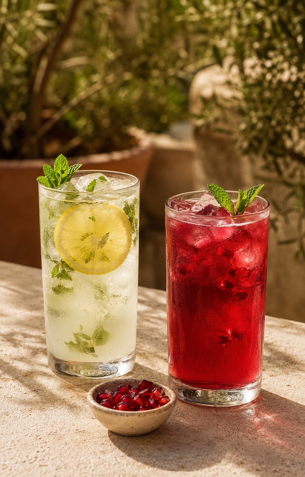 Mint lemonade and iced hibiscus tea in the sunshine