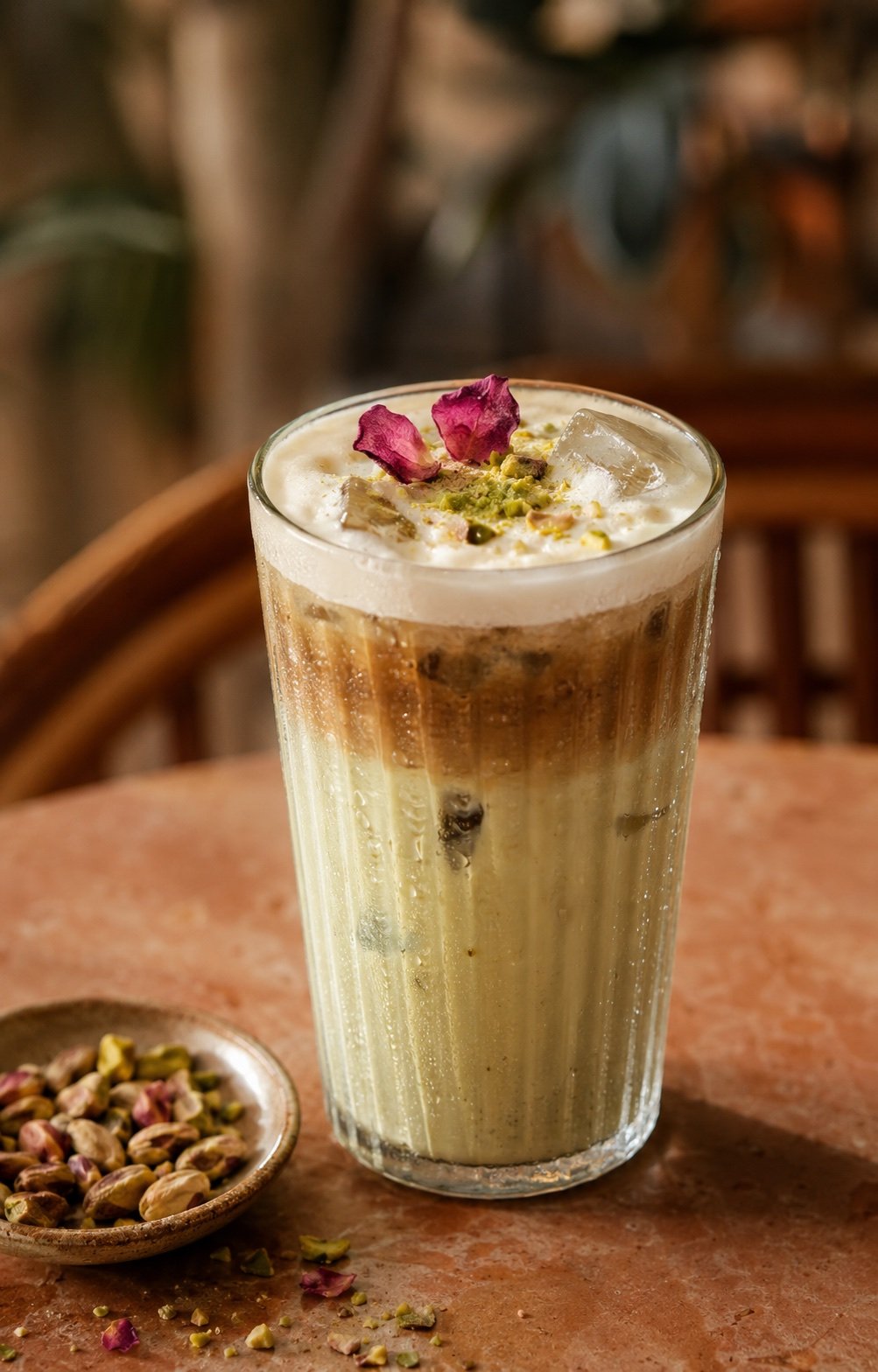 Iced pistachio rose latte topped with pistachios and rose petals