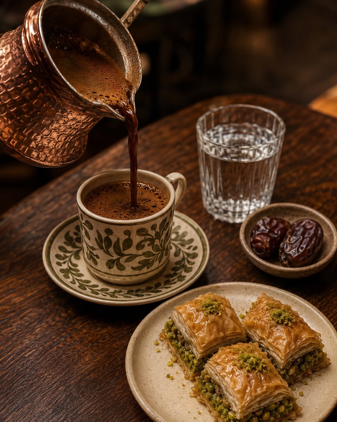 Turkish coffee being poured beside pistachio baklava